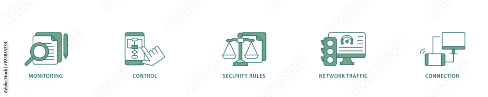 Firewall icon infographic illustration concept with icon of monitoring, control, security rules, network traffic and connection icon live stroke and easy to edit Firewall icon infographic illustration concept with icon of monitoring, control, security rules, network traffic and connection icon live stroke and easy to edit