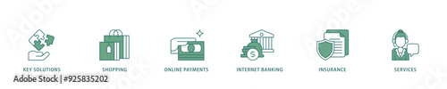 Financial service icon infographic illustration concept with icon of key solutions, shopping, online payments, internet banking, insurance and services icon live stroke and easy to edit 