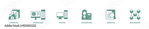 Fintech icon infographic illustration concept with icon of financial, technology, digital, accounting, analysis and blockchain icon live stroke and easy to edit 