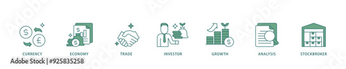 Forex icon infographic illustration concept with icon of currency, economy, trade, investor, growth, analysis and stockbroker icon live stroke and easy to edit 