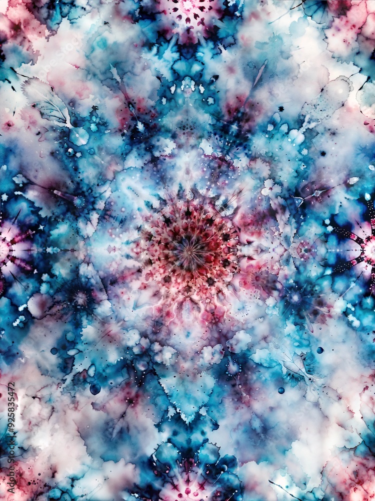 Fototapeta premium Celestial Blue: A mesmerizing seamless pattern of intricate, blue and white starburst designs. This intricate design evokes feelings of wonder and cosmic beauty