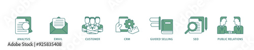 Inbound marketing icon infographic illustration concept with icon of analysis, email, customer, crm, guided selling, seo and public relations icon live stroke and easy to edit 