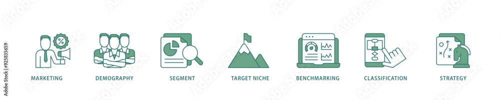 Market segmentation icon infographic illustration concept with icon of marketing, demography, segment, target niche, benchmarking, classification, strategy icon live stroke and easy to edit 