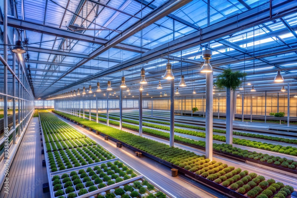 The Future of Farming: Verdant rows of crops flourish under the glow of LED lights in a state-of-the-art vertical farm, showcasing sustainable agriculture at its finest. The Future of Farming: Verdant rows of crops flourish under the glow of LED lights in a state-of-the-art vertical farm, showcasing sustainable agriculture at its finest.