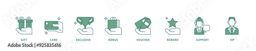 Loyalty program icon infographic illustration concept with icon of vip, support, bonus, reward, voucher, exclusive, card, gift icon live stroke and easy to edit 