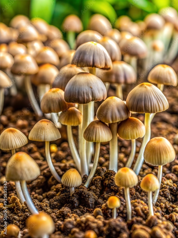 Mushroom Colony: A cluster of delicate mushrooms emerges from the rich earth, their caps glowing with a subtle sheen. Nature's artistry in a close-up Mushroom Colony: A cluster of delicate mushrooms emerges from the rich earth, their caps glowing with a subtle sheen. Nature's artistry in a close-up