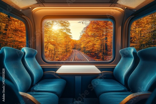 A modern train car with blue seats and an elegant table in the middle, a large window overlooking autumn foliage outside at sunset.