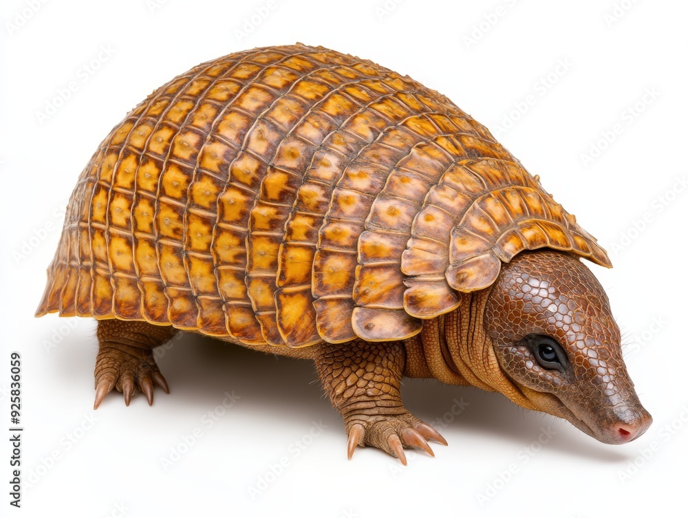 Fototapeta premium Unique armored turtle exploring a bright white surface in a whimsical setting