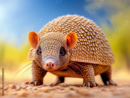 A curious armadillo exploring a sunlit desert landscape during the golden hour