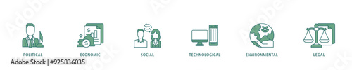 Pestel icon infographic illustration concept with icon of governance, finance, network, automation, ecology, law statement icon live stroke and easy to edit 