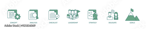 Planning icon infographic illustration concept with icon of concept, analysis, checklist, leadership, strategy, delegate and goals icon live stroke and easy to edit 