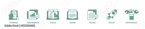 Software development icon infographic illustration concept with icon of planning, requirements, design, coding, testing, deploy and maintenance icon live stroke and easy to edit 