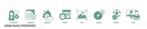 Sponsor icon infographic illustration concept with icon of film, sport, event, music, art, benefit, project, support icon live stroke and easy to edit 