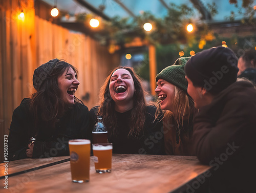 Joyful Trio Laughing and Enjoying Beer at an Outdoor Bar, Macro Lens Captures the Warmth and Friendship in Detailed Facial Expression