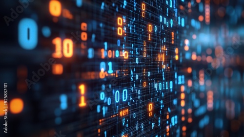Binary Code: Digital landscape with vivid orange and blue tones showcases the elegant architecture of binary code, the fundamental language of computers, illuminating the modern technology world.