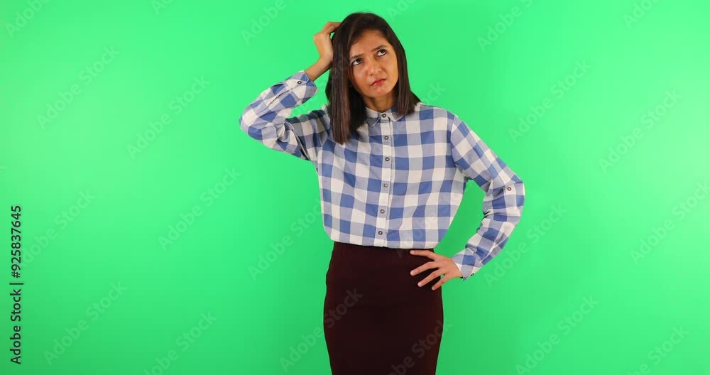 Beautiful young woman wearing shirt and skirt, thinking, isolated on green background. Beautiful young woman wearing shirt and skirt, thinking, isolated on green background.