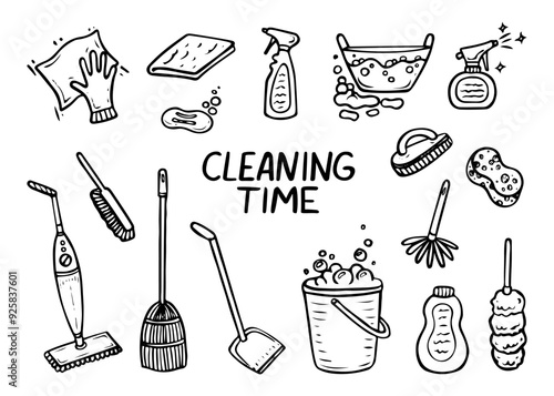 Cleaning time hand drawn doodle. Laundry room. House cleaning. Mop, soap, rag, bucket, brush, spray. Vector outline line art illustration.