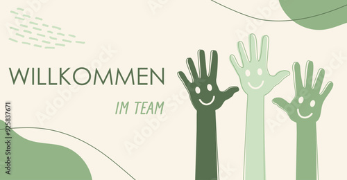 Willkommen im Team, Vektor Illustration in grün beige mit lachenden Händen