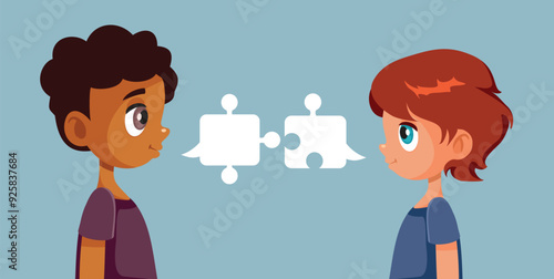 Kids Trying to Collaborate and Communicate Vector Cartoon illustration. Friendly boys talking with each other brainstorming ideas
