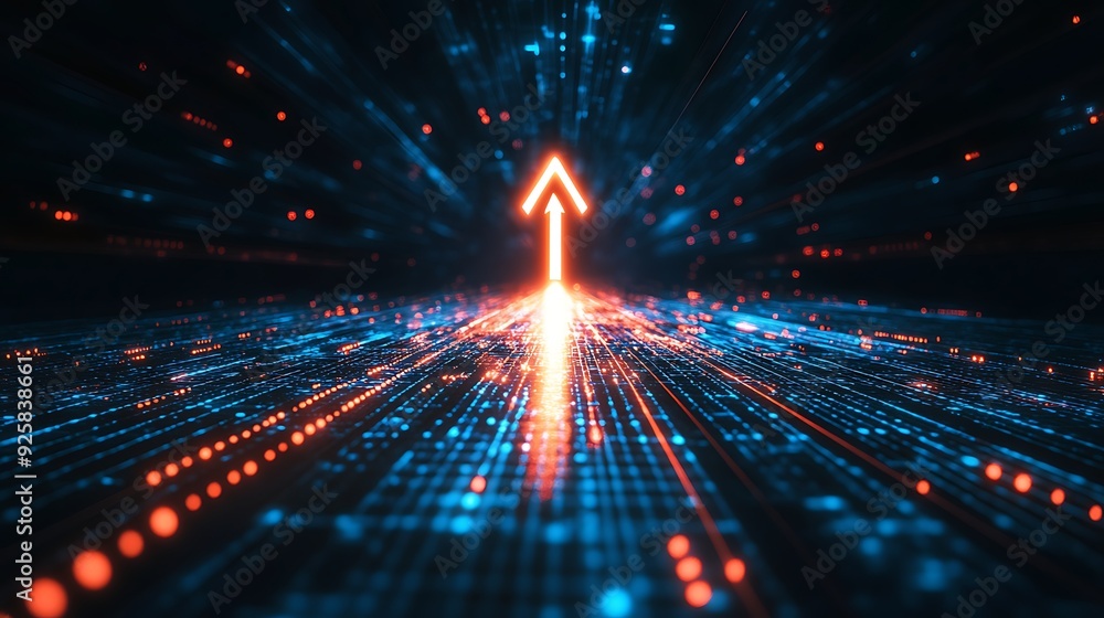 Naklejka premium a dark background with a digital grid. In the center, an illuminated light