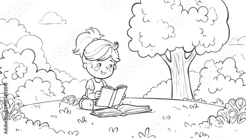 coloring page simple drawing of cartoon character reading a book in library , coloring book