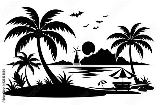 A summer vibes sea shore silhouette vector illustration.