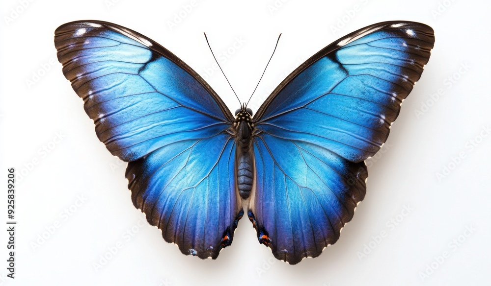 Fototapeta premium Beautiful blue Butterfly with open wings on a white minimalistic background, top view shot photography