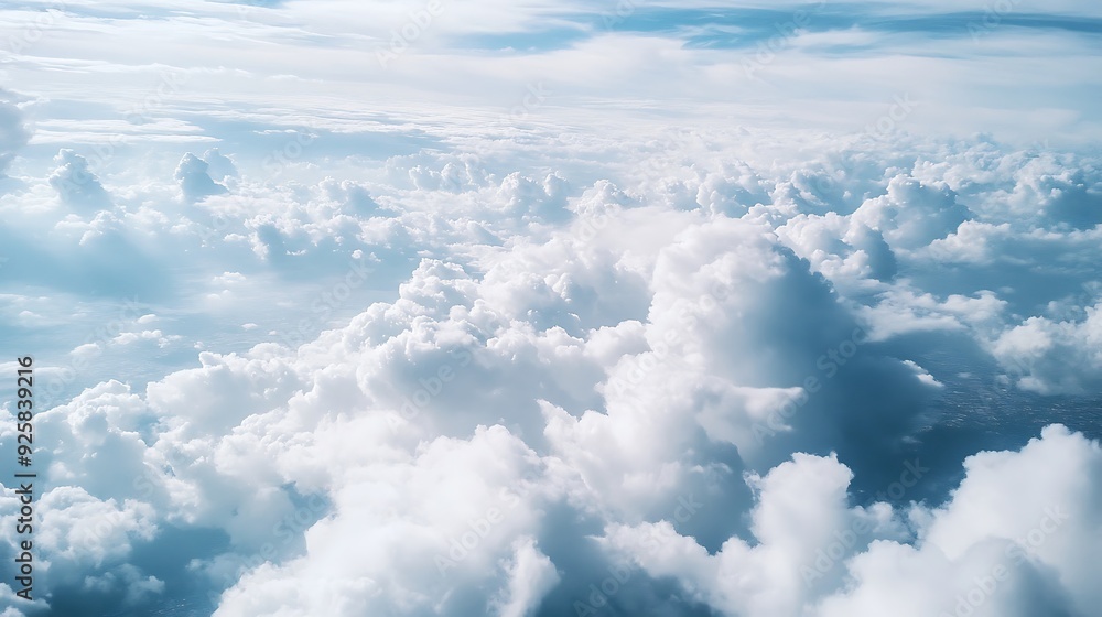 A breathtaking aerial view of fluffy white clouds against a bright blue sky. A breathtaking aerial view of fluffy white clouds against a bright blue sky.