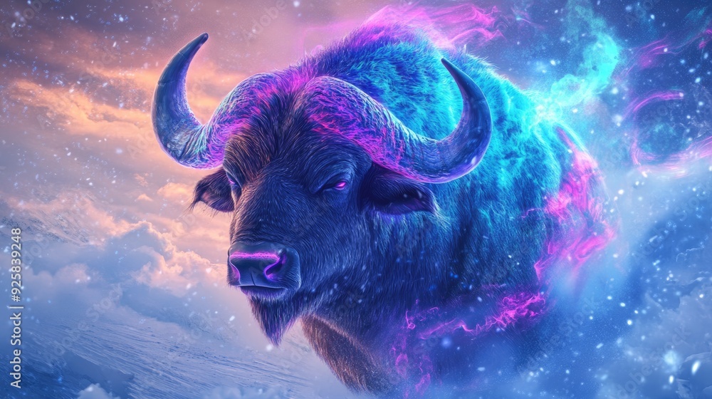 a bison with neon-glowing eyes and horns a bison with neon-glowing eyes and horns
