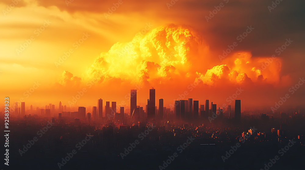A wide-angle shot of a city skyline with a large, AI-generated orange cloud in the background, giving a dramatic and otherworldly feel to the urban landscape A wide-angle shot of a city skyline with a large, AI-generated orange cloud in the background, giving a dramatic and otherworldly feel to the urban landscape