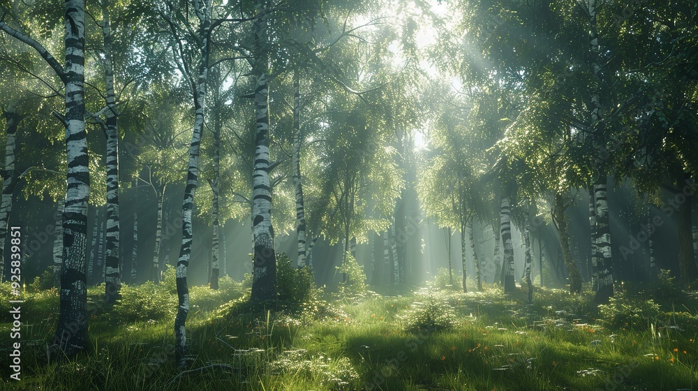 Obraz premium A realistic digital rendering of a lush, green forest with sunlight filtering through the leaves.