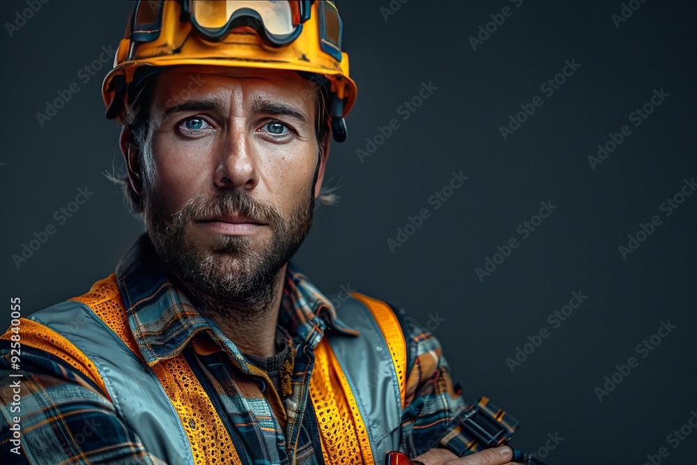 Labor Day site manager construction worker standing with wearing a safety vest and helmet, Generative Ai