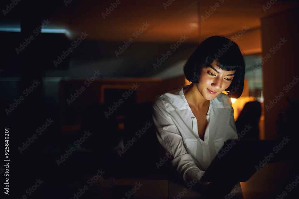 Business, woman and tablet at night in office for report deadline, assignment and press release timeline. Female journalist, working late and online in workplace for story submission and newsletter. Business, woman and tablet at night in office for report deadline, assignment and press release timeline. Female journalist, working late and online in workplace for story submission and newsletter.
