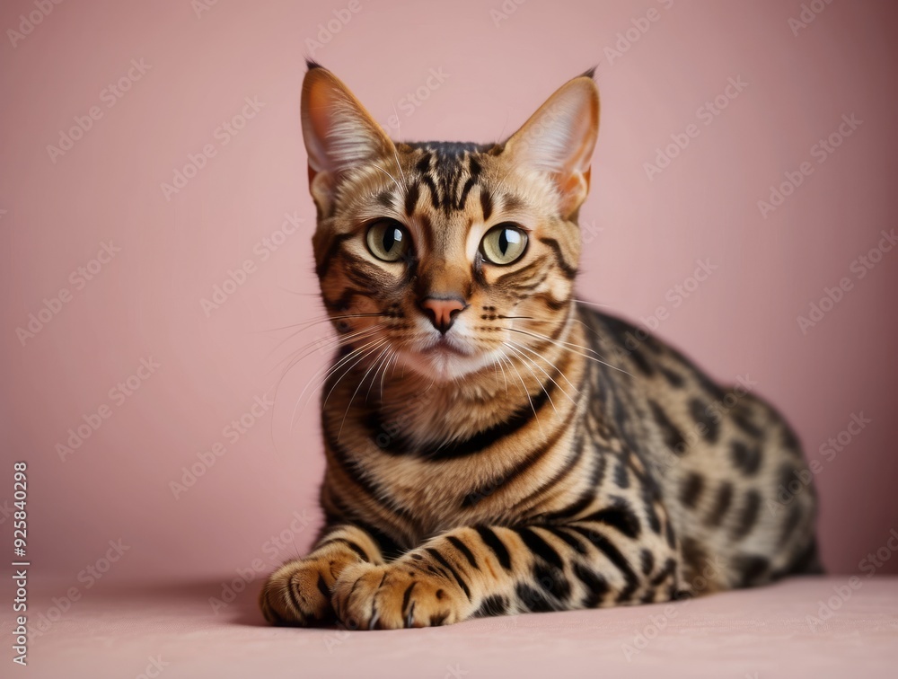Portrait of a Bengal Cat with Green Eyes on a Pink Background Portrait of a Bengal Cat with Green Eyes on a Pink Background