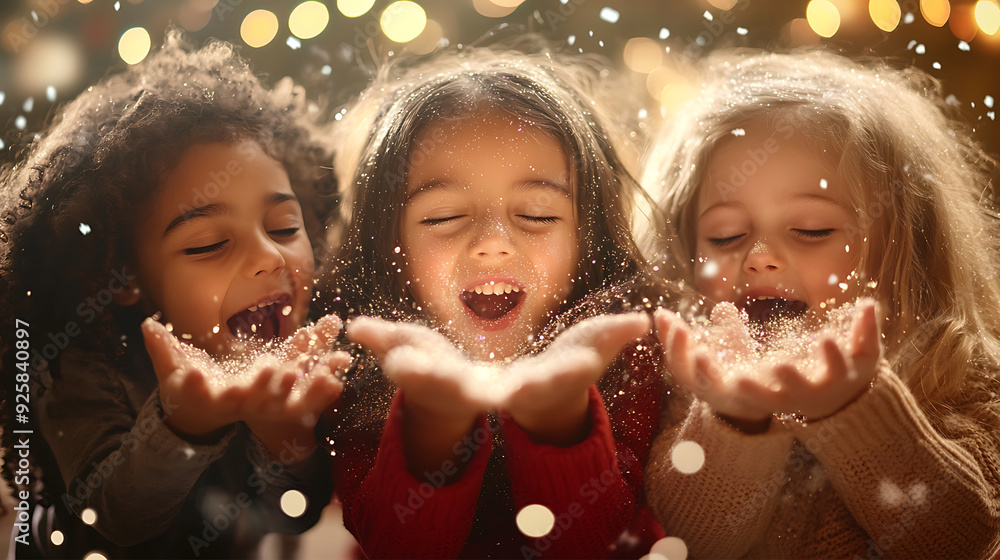 joyful moment with children blowing glitter in a festive setting, with soft bokeh lights in the background to enhance the celebratory atmosphere joyful moment with children blowing glitter in a festive setting, with soft bokeh lights in the background to enhance the celebratory atmosphere