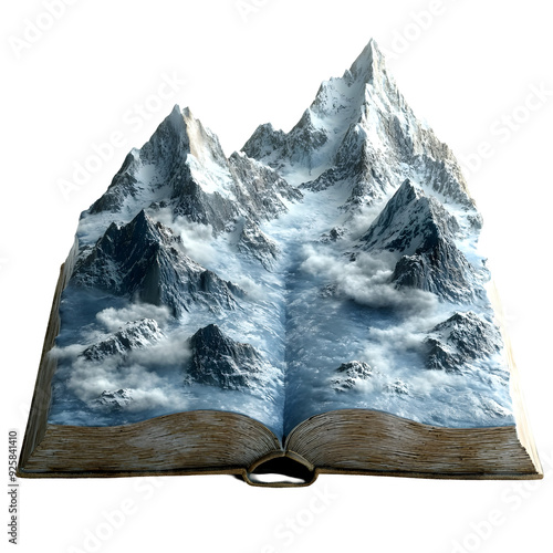 Majestic Snow-Capped Mountain Range Framing Enchanting Book on Plain White Background Transparent PNG photo