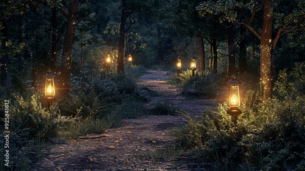 Obraz premium A spooky path through a dark forest, lit by glowing lanterns.