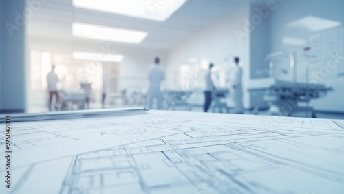 Healthcare Facility Blueprinting, architects designing medical centers ,blueprinting for healthcare facility projects with an image featuring hospital administrators and healthcare