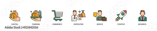 Angel investor icon infographic illustration concept with icon of capital, funding, commerce, depositor, advice, startup and business icon live stroke and easy to edit 