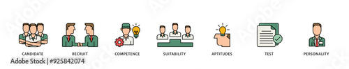 Assessment icon infographic illustration concept with icon of user candidate, recruit, competence, suitability, aptitudes, test and personality icon live stroke and easy to edit 