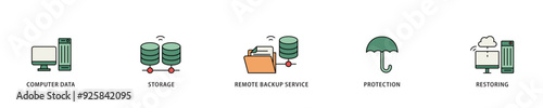 Backup icon infographic illustration concept with icon of computer data, storage, remote backup service, protection and restoring icon live stroke and easy to edit 