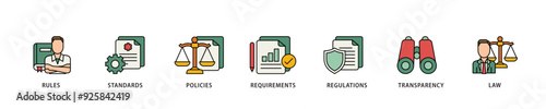 Compliance icon infographic illustration concept with icon of law, requirements, transparency, regulations, policies, standards, rules icon live stroke and easy to edit 