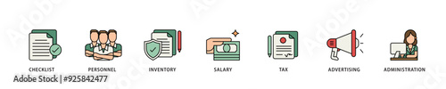 Cost reduction icon infographic illustration concept with icon of checklist, personnel, inventory, salary, tax, advertising and administration icon live stroke and easy to edit 
