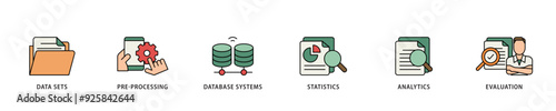 Data mining icon infographic illustration concept with icon of data sets, pre processing, database systems, statistics, analytics and evaluation icon live stroke and easy to edit 