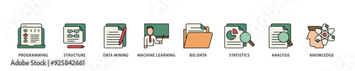 Data science icon infographic illustration concept with icon of data, classification, analyze, statistics, solving, decision and knowledge icon live stroke and easy to edit 