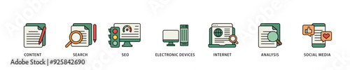 Digital marketing icon infographic illustration concept with icon of content, search, seo, electronic devices, internet, analysis and social media icon live stroke and easy to edit 