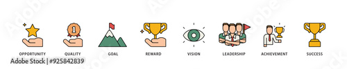 Encourage icon infographic illustration concept with icon of opportunity, quality, goal, reward, vision, leadership, achievement, success icon live stroke and easy to edit 