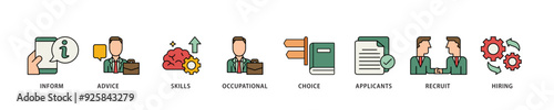 Job fair icon infographic illustration concept with icon of the information, advice, skills, occupational, applicants, recruit, and hiring icon live stroke and easy to edit 