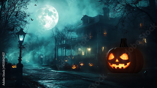 A dimly lit eerie street scene on Halloween night with carved pumpkins glowing on porches, mist rolling through the air and old leafless trees silhouetted against a full moon