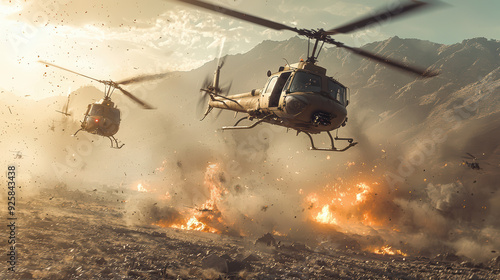 Helicopters flying overbattlefield, showcasing intense action and explosions.scene conveyssense of urgency and chaos.